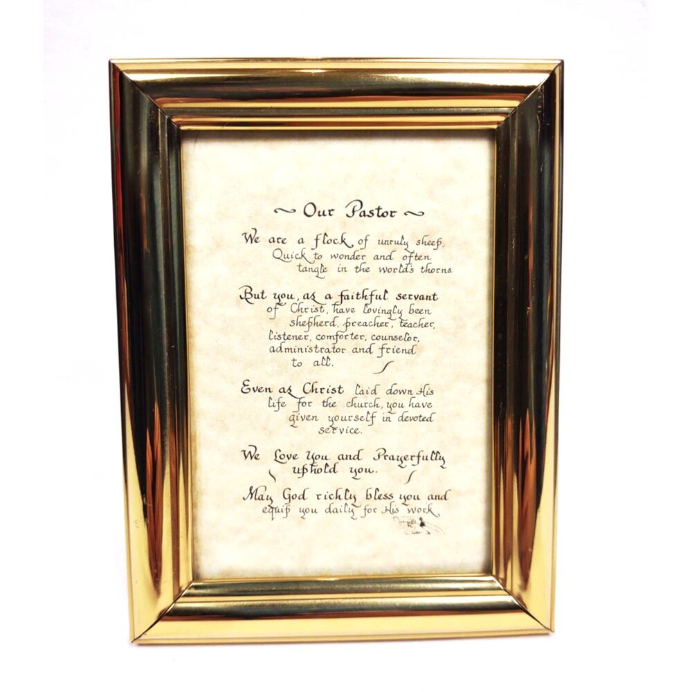 Vintage Solid Brass Hand Polished Photo Frame w Our Pastor Poem for 3.5x5" Easel